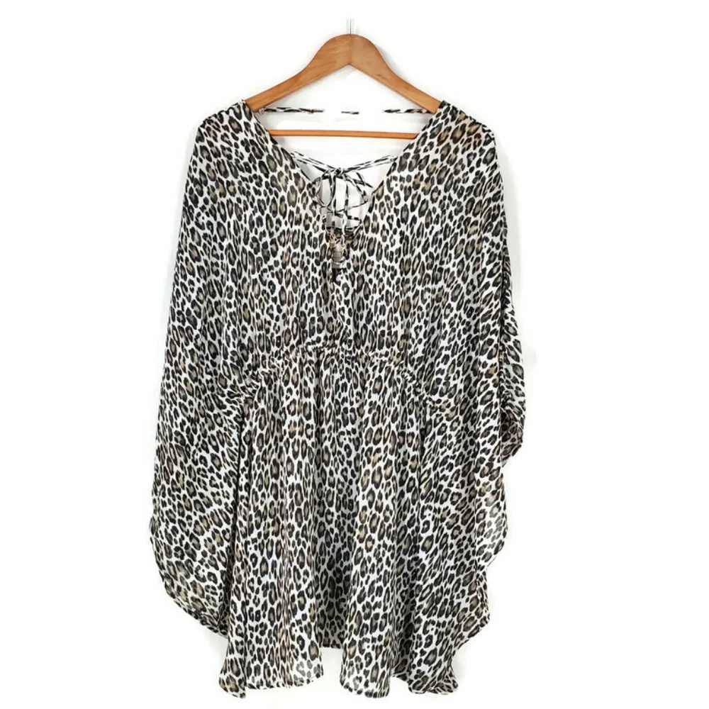Tommy Bahama Animal Print Lace-up Tunic Swim Cover Up Sz L/XL Stretch Waist - Picture 3 of 12